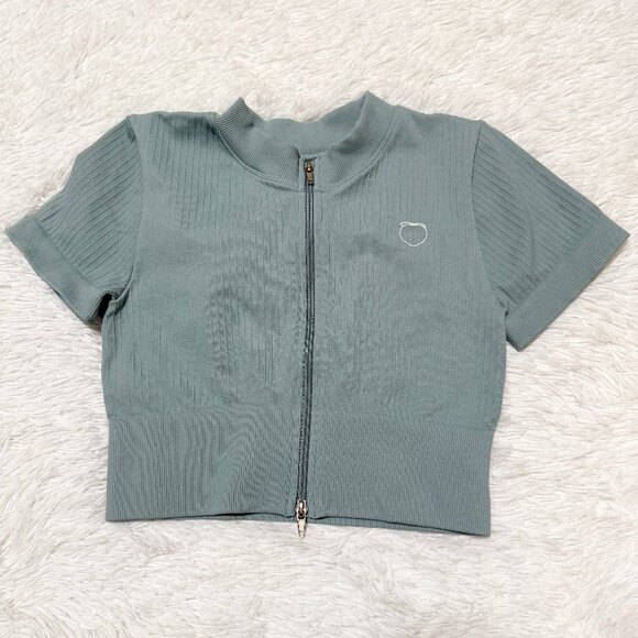 Women Ribbed Front Zipper Short Sleeve Crop Top in Green Teal Size Large - Picture 1 of 6